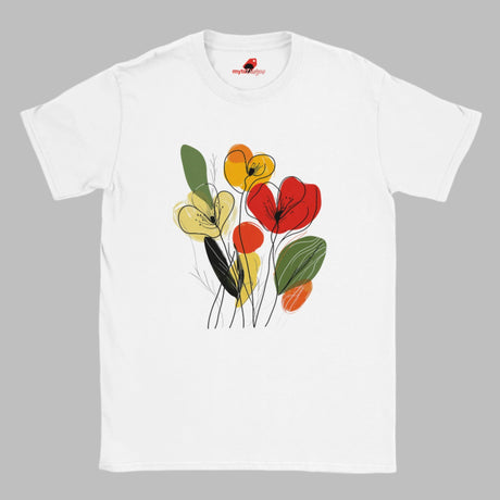 White t-shirt featuring minimalist floral line art with abstract red, yellow, and orange flowers and green leaves, laid flat on a wooden surface with rolled sleeves.