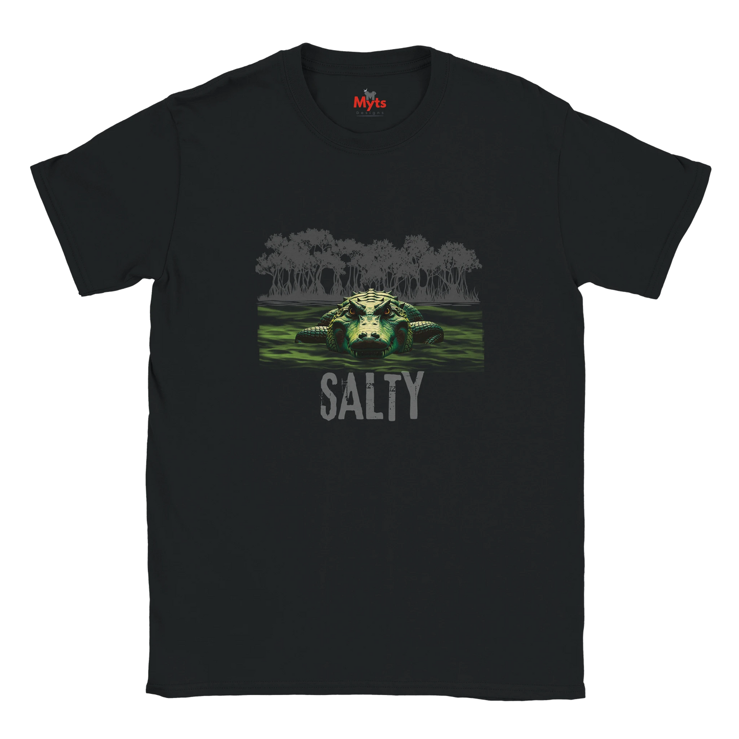 Black t-shirt with a graphic of a bear in water and 'Salty' text, brand 'Myts' visible.