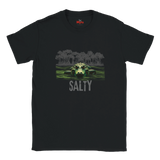 Black t-shirt with a graphic of a bear in water and 'Salty' text, brand 'Myts' visible.