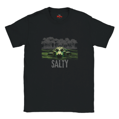 Black t-shirt with a graphic of a bear in water and 'Salty' text, brand 'Myts' visible.