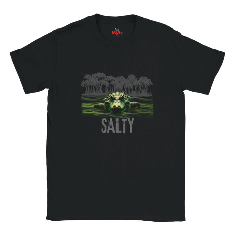 Black t-shirt with a graphic of a bear in water and 'Salty' text, brand 'Myts' visible.