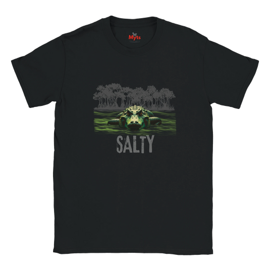 Black t-shirt with a graphic of a bear in water and 'Salty' text, brand 'Myts' visible.