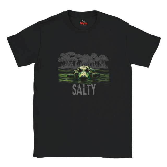 Black t-shirt with a graphic of a bear in water and 'Salty' text, brand 'Myts' visible.