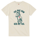 Natural t-shirt with a graphic of a donkey and text on a white background