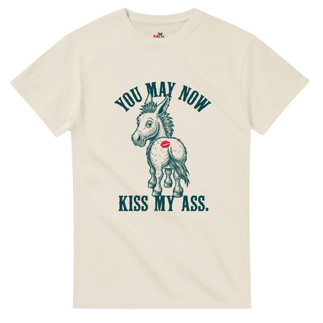 Natural t-shirt with a graphic of a donkey and text on a white background