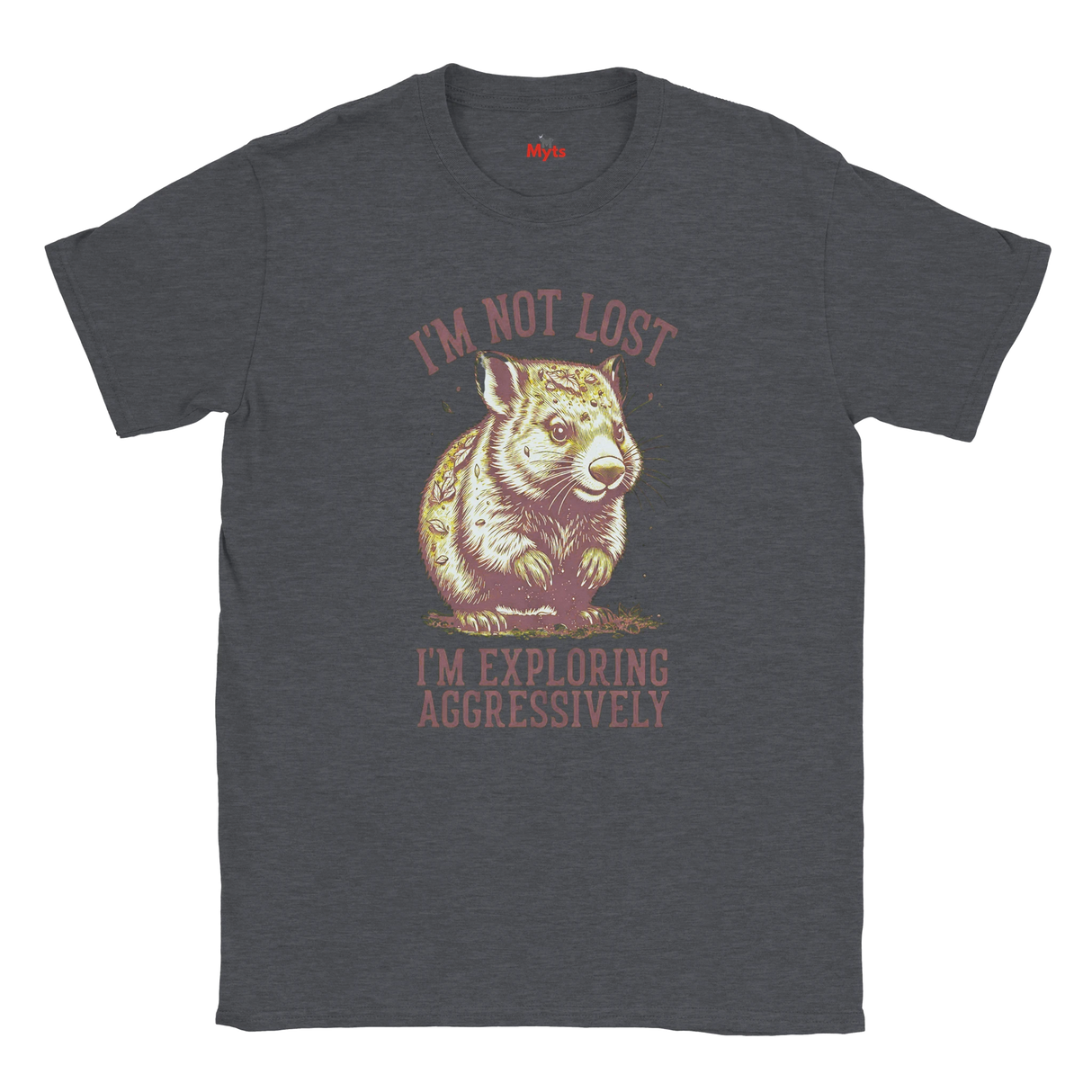 Dark Heather t-shirt with Wombat graphic and text on a white background
