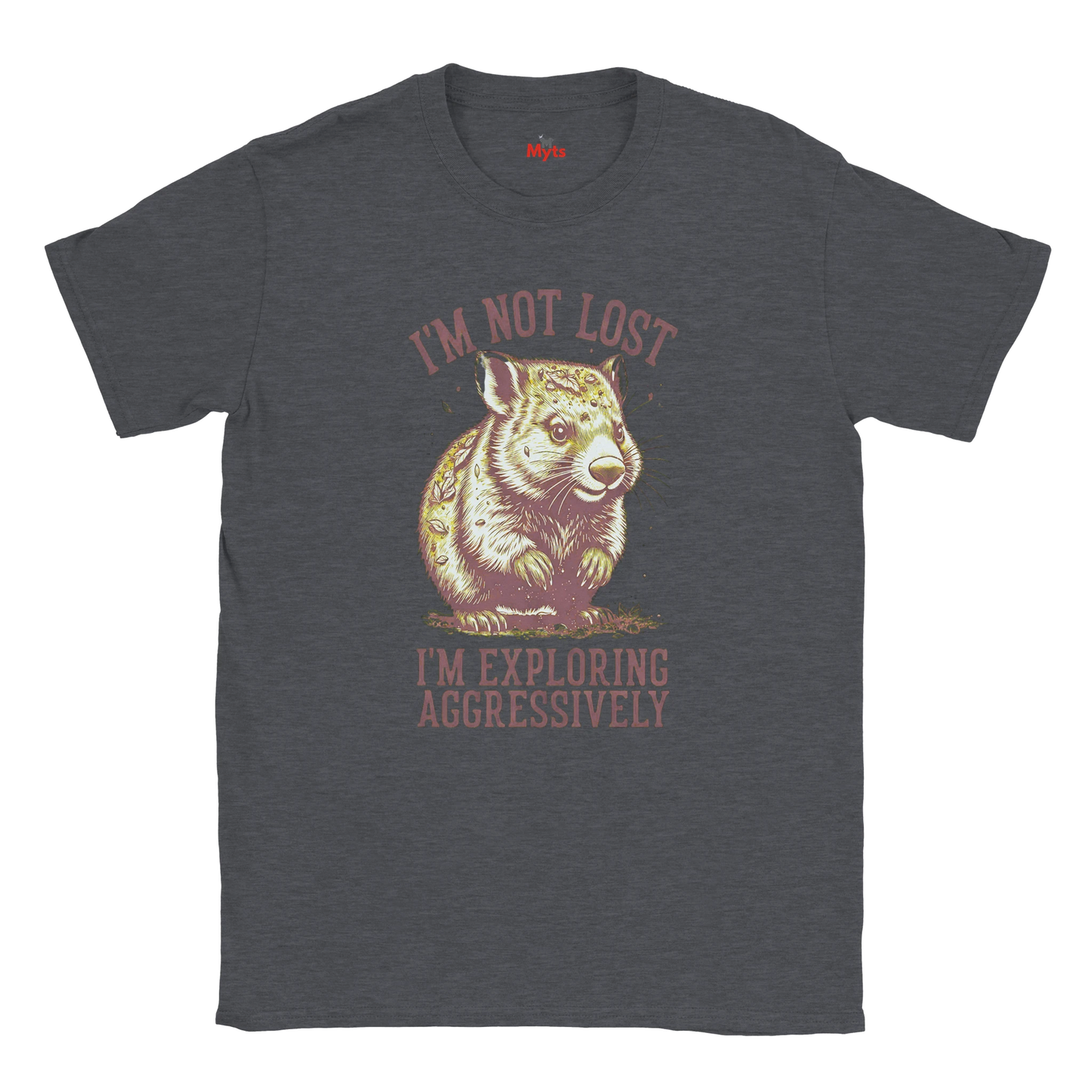 Dark Heather t-shirt with Wombat graphic and text on a white background