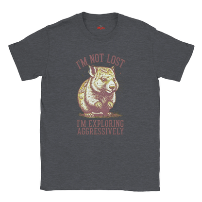 Dark Heather t-shirt with Wombat graphic and text on a white background