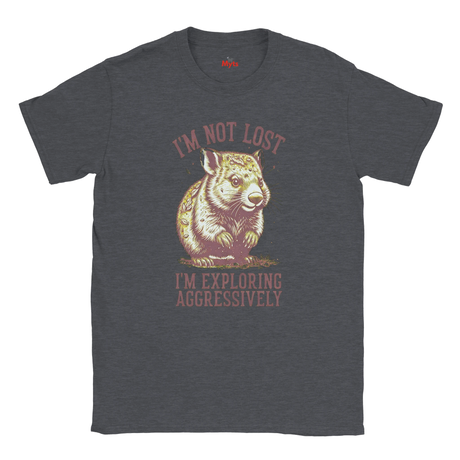 Dark Heather t-shirt with Wombat graphic and text on a white background