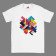 A white t-shirt features a bold, modern geometric design with overlapping colorful shapes in shades of red, blue, yellow, pink, and black. The abstract pattern creates a dynamic, eye-catching visual in the center of the shirt. 