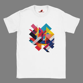 A white t-shirt features a bold, modern geometric design with overlapping colorful shapes in shades of red, blue, yellow, pink, and black. The abstract pattern creates a dynamic, eye-catching visual in the center of the shirt. 