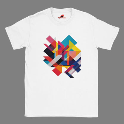 A white t-shirt features a bold, modern geometric design with overlapping colorful shapes in shades of red, blue, yellow, pink, and black. The abstract pattern creates a dynamic, eye-catching visual in the center of the shirt. 