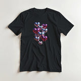 Black t-shirt with colorful heart design on a light gray background