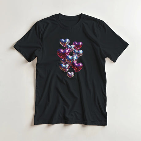 Black t-shirt with colorful heart design on a light gray background