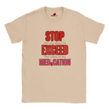 Neutral T-shirt featuring large red STOP sign and quote “You are about to exceed the limits of my medication” – sarcastic humor tee