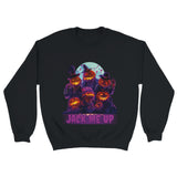 Black sweatshirt with Halloween-themed design featuring pumpkins and text on a white background