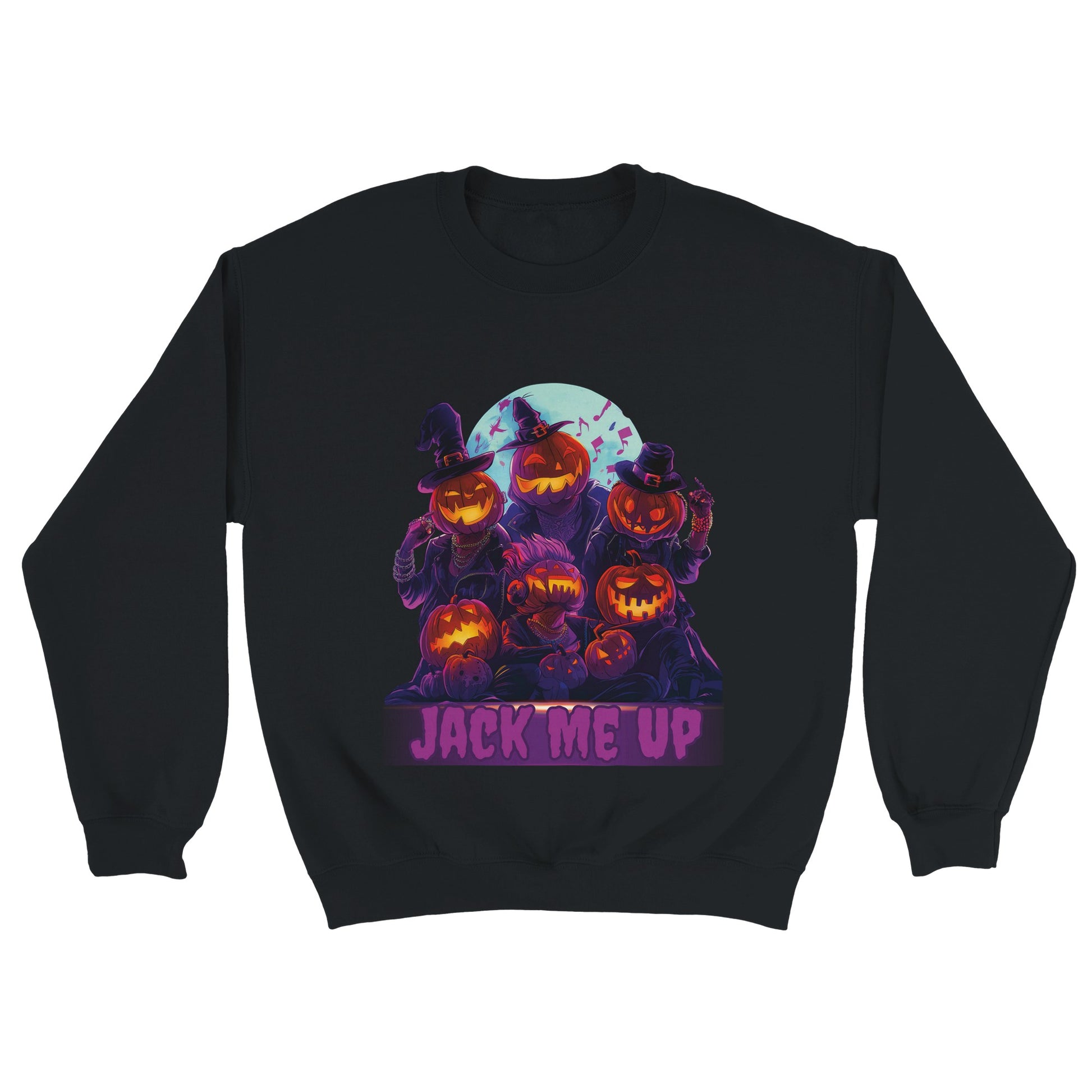 Black sweatshirt with Halloween-themed design featuring pumpkins and text on a white background