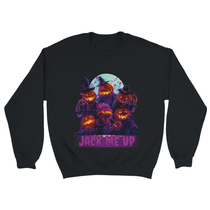 Black sweatshirt with Halloween-themed design featuring pumpkins and text on a white background