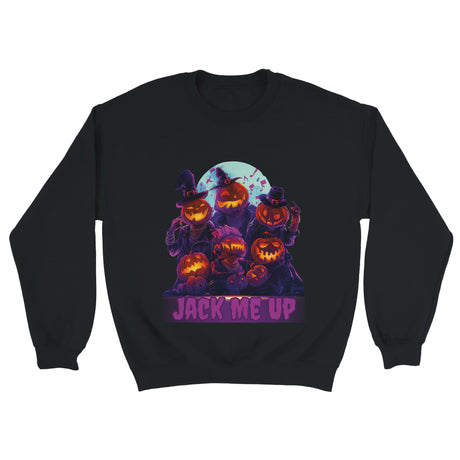 Black sweatshirt with Halloween-themed design featuring pumpkins and text on a white background