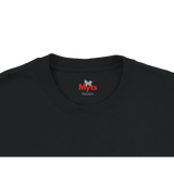 Close-up of a black crewneck t-shirt showing the inner neck label with the red and white 'Myts' brand logo.