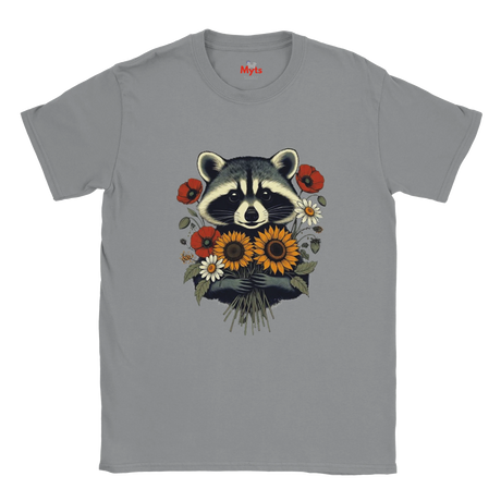 A gray short-sleeve crewneck t-shirt featuring a graphic print of a raccoon holding a bouquet of sunflowers, daisies, and red poppies. The brand name 'Myts' is printed in red on the inside neck label.