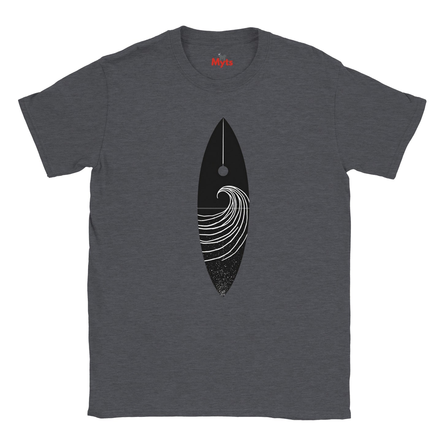 Dark Heather T-shirt with a black and white graphic design on a white background