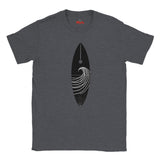 Dark Heather T-shirt with a black and white graphic design on a white background