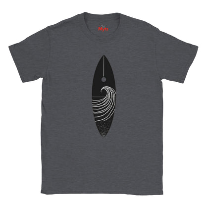 Dark Heather T-shirt with a black and white graphic design on a white background