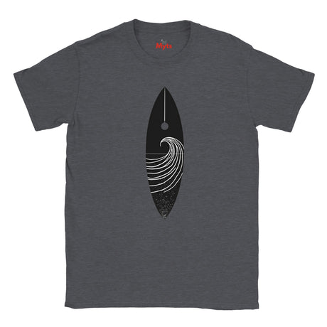 Dark Heather T-shirt with a black and white graphic design on a white background