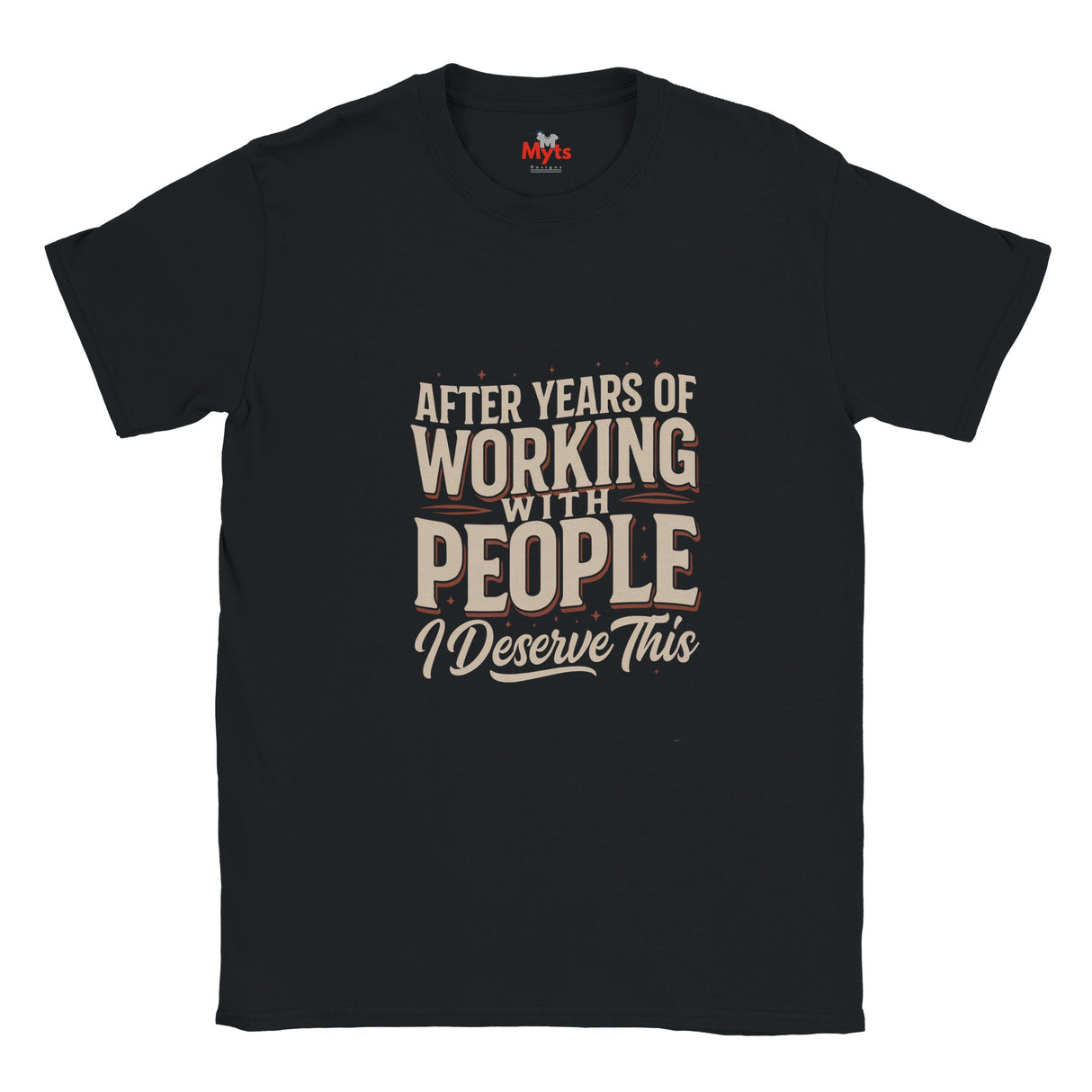 Navy blue t-shirt with white text and graphic on a white background