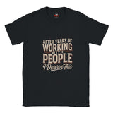 Navy blue t-shirt with white text and graphic on a white background