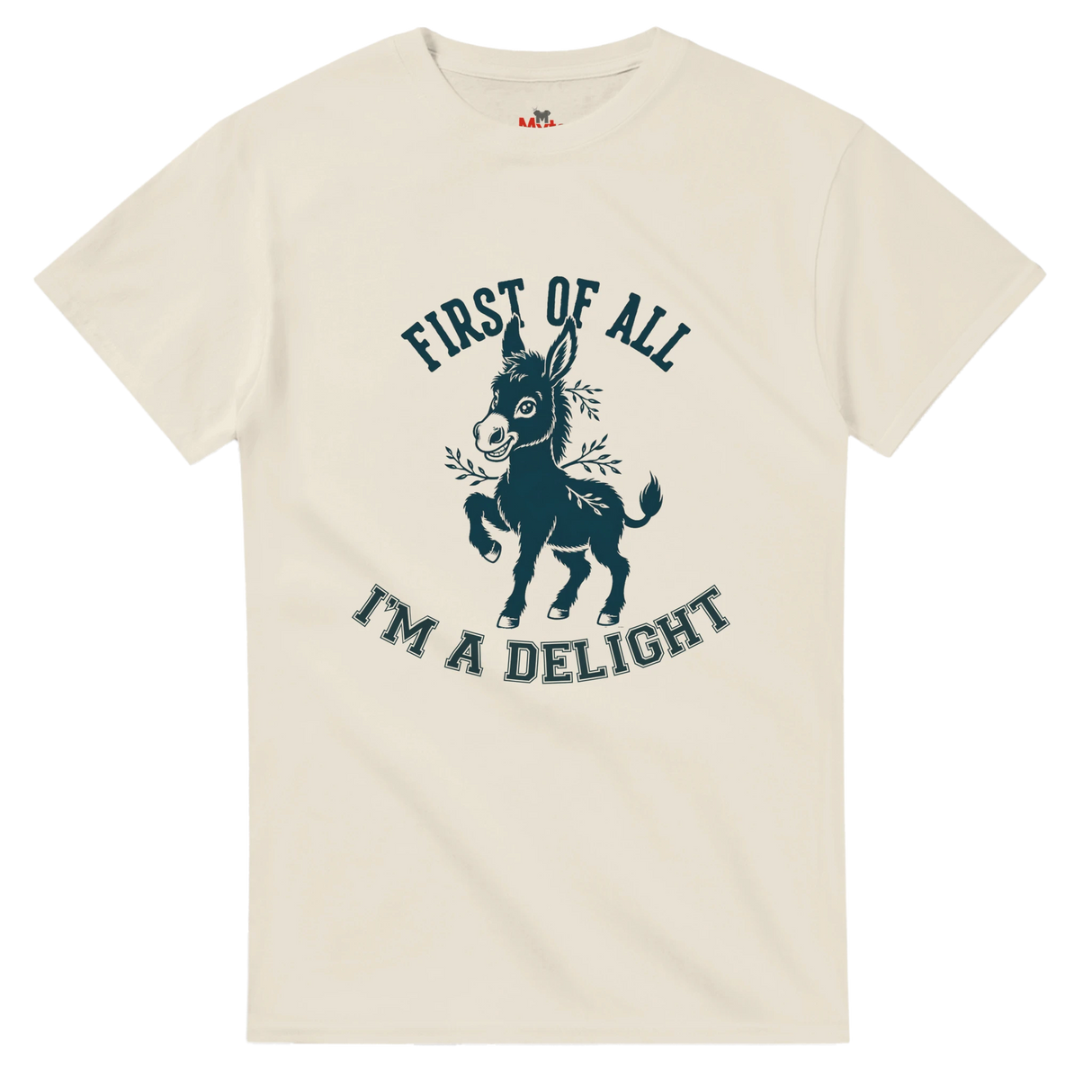 White t-shirt with a graphic of a donkey and text on a white background