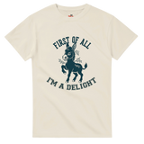 White t-shirt with a graphic of a donkey and text on a white background