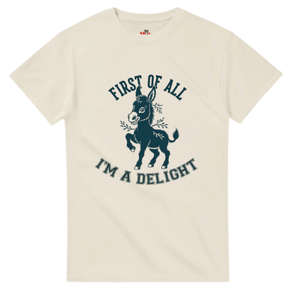 White t-shirt with a graphic of a donkey and text on a white background
