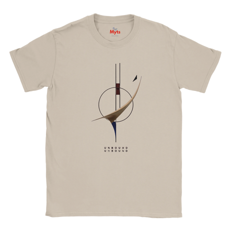 An Ice Grey crewneck t-shirt with a minimalist abstract graphic in the center. The graphic features a circular motif, a curved gold foil-like shape, and the word 'UNBOUND' printed below in a stylized font.