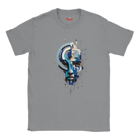 A ice gray crewneck t-shirt featuring a central graphic print of a stylized, geometric face in shades of blue, white, and black. The brand name 'Mylt' is printed in red inside the collar.