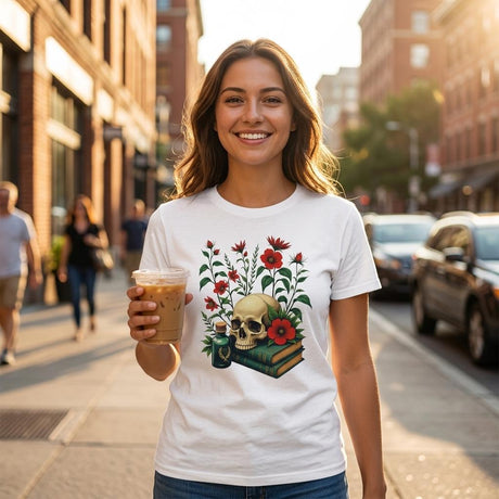 Woman wearing a white t-shirt with a skull and floral design, holding a cup on a city street.