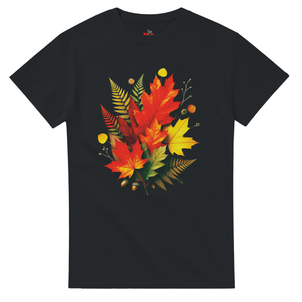 Black t-shirt with colorful leaf design on a white background