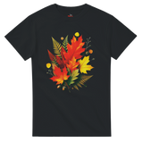 Black t-shirt with colorful leaf design on a white background