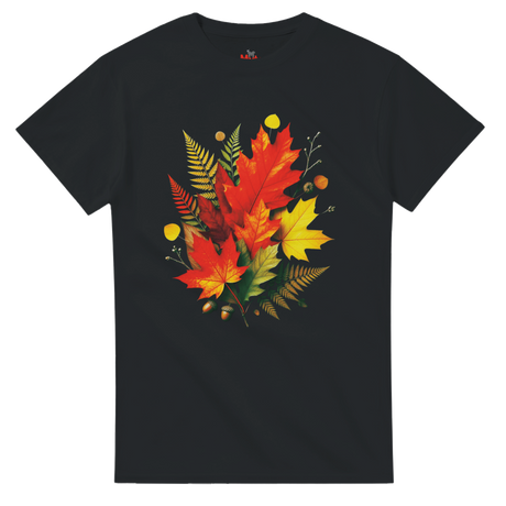 Black t-shirt with colorful leaf design on a white background