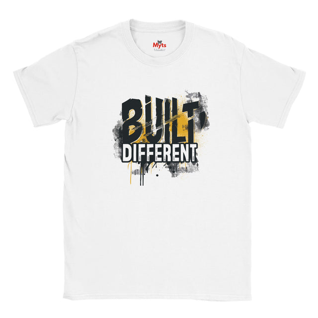 White t-shirt with 'Built Different' graphic design on a white background