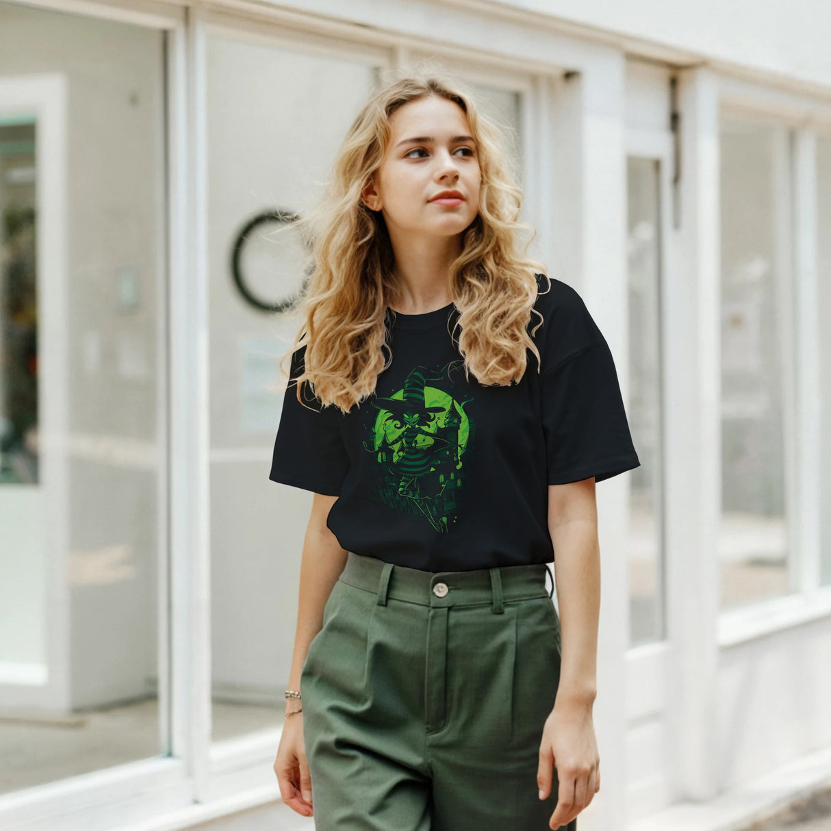Woman wearing a black t-shirt with a graphic design and green pants in an indoor setting.