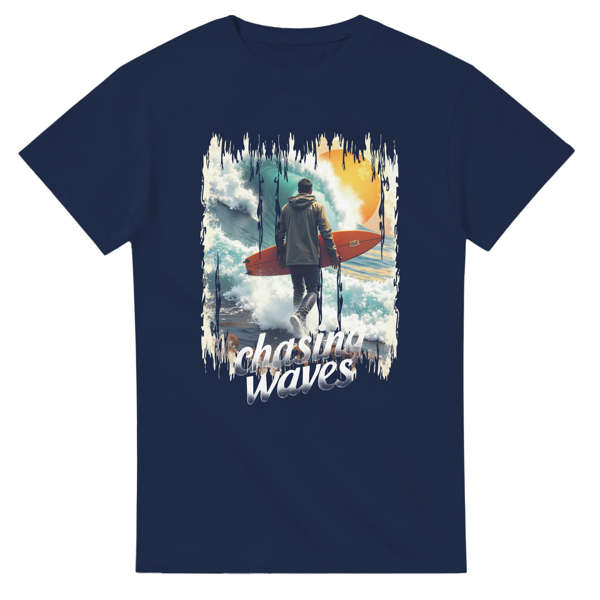 Navy blue t-shirt with a graphic of a person with a surfboard and 'chasing waves' text on a white background