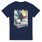 Navy blue t-shirt with a graphic of a person with a surfboard and 'chasing waves' text on a white background
