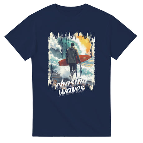 Navy blue t-shirt with a graphic of a person with a surfboard and 'chasing waves' text on a white background