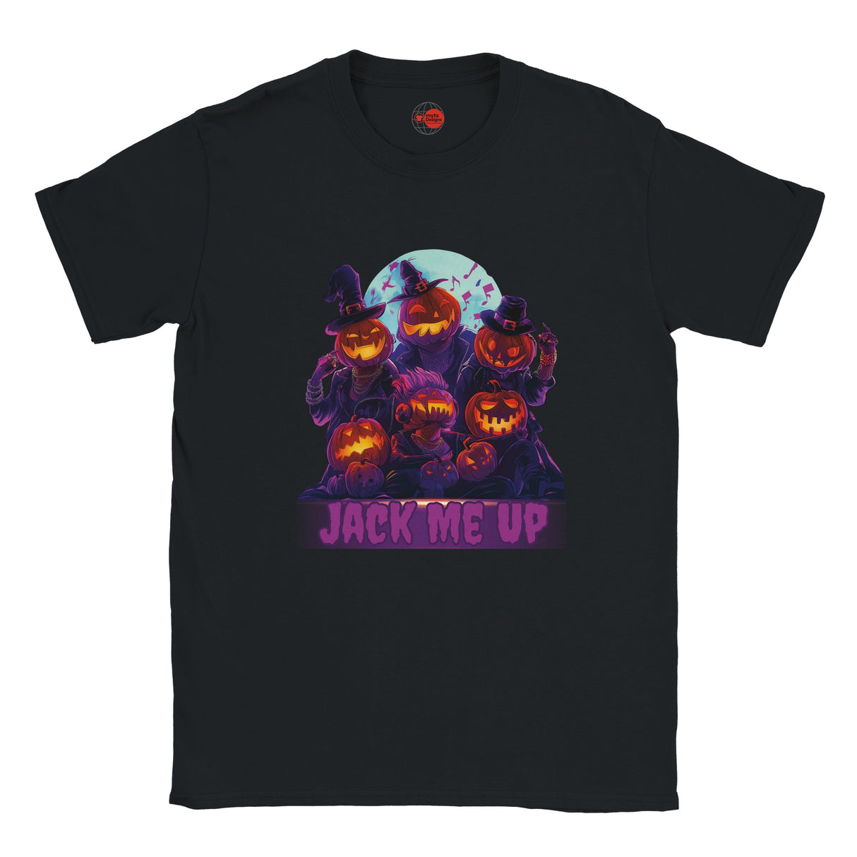 Black t-shirt with Halloween-themed design featuring pumpkins and 'Jack Me Up' text on a white background.