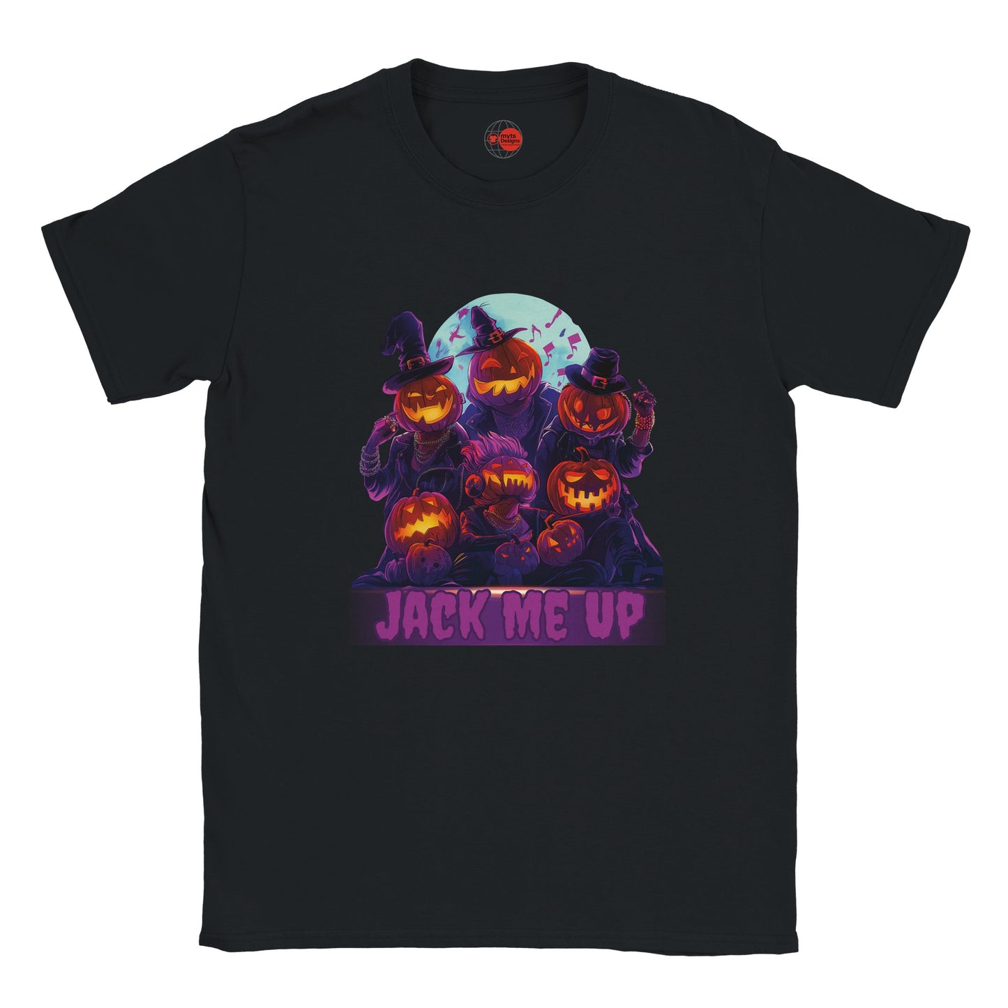 Black t-shirt with Halloween-themed design featuring pumpkins and 'Jack Me Up' text on a white background.