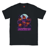 Black t-shirt with Halloween-themed design featuring pumpkins and 'Jack Me Up' text on a white background.