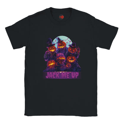 Black t-shirt with Halloween-themed design featuring pumpkins and 'Jack Me Up' text on a white background.