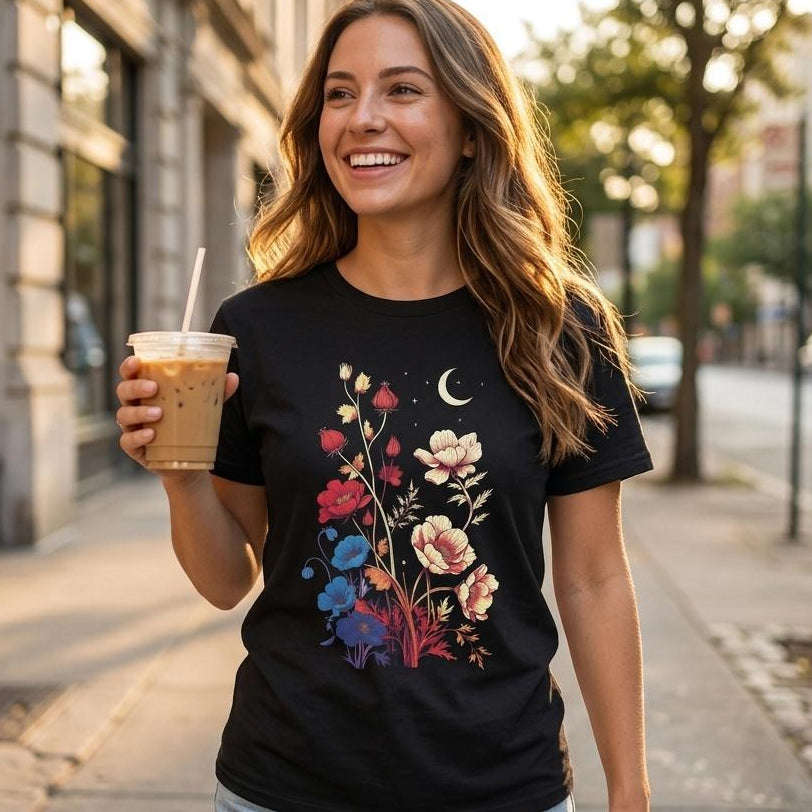 A woman walking on a city sidewalk wearing a black graphic t-shirt with a colorful floral print and a crescent moon, holding an iced coffee.